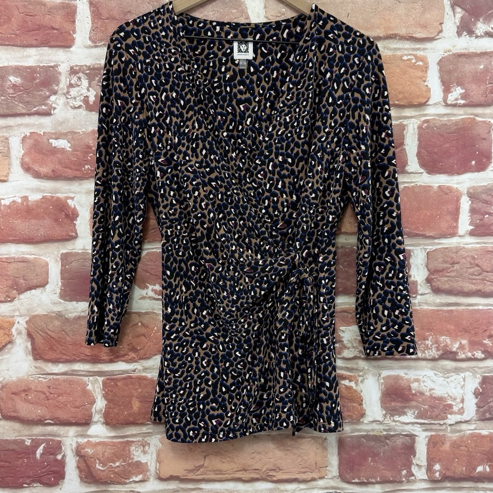 Anne Klein Top Women's Medium Multicolor Animal Abstract Surplice Side Tie Shirt